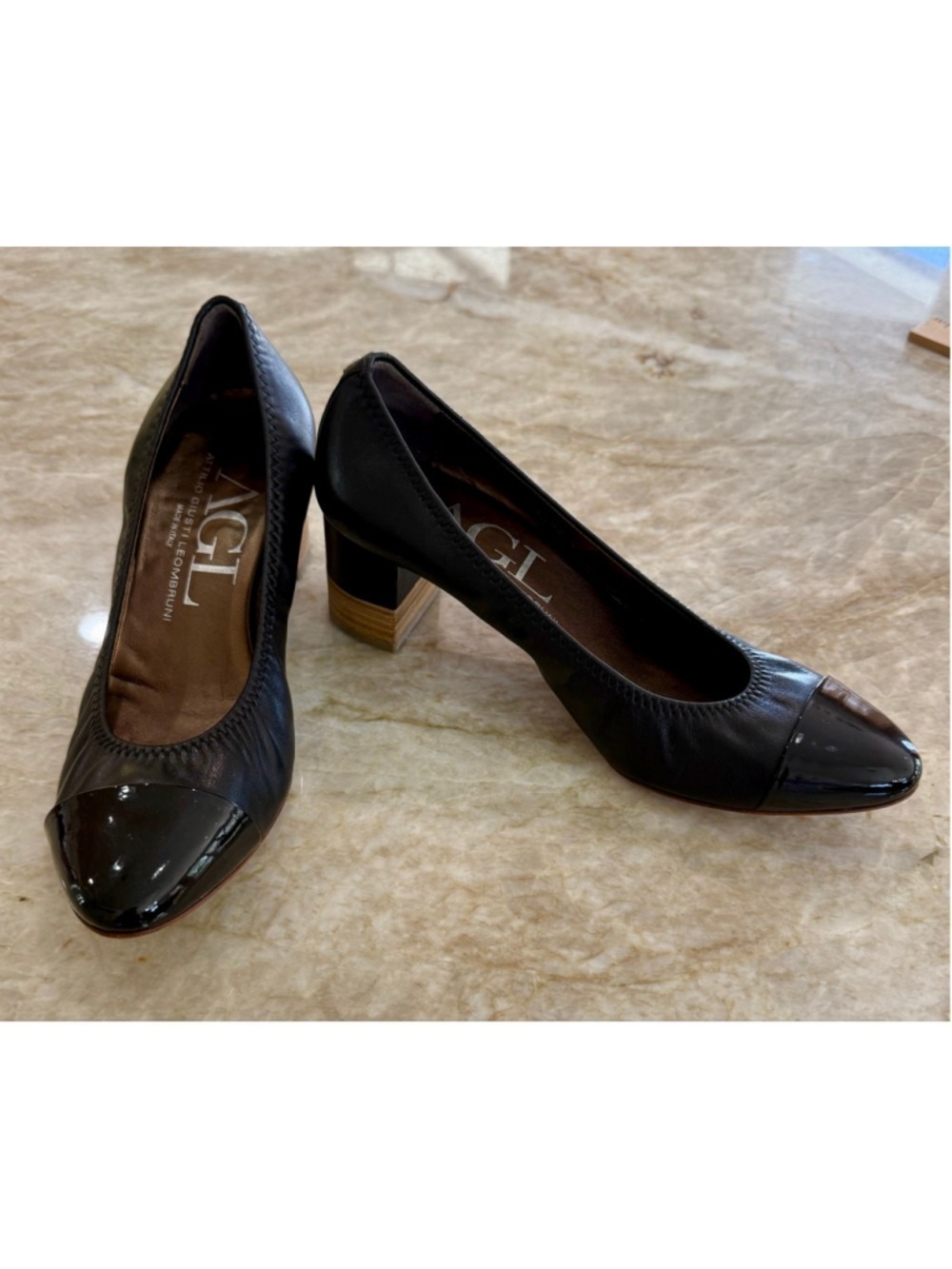 AGL Black Leather Patent Toe Block Heel Pumps Size 8.5, luxury, classic, comfort